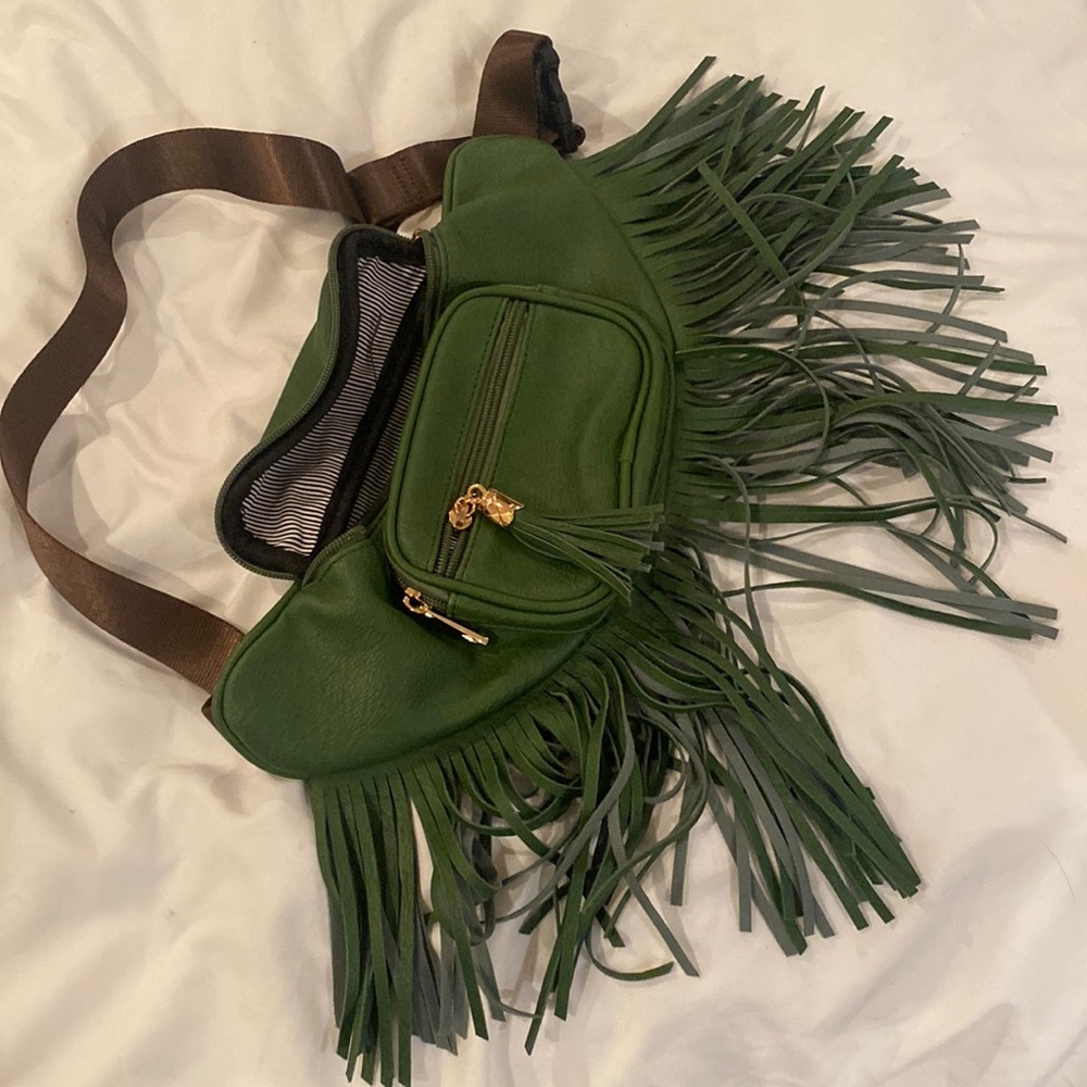Crossbody fringe vegan green leather